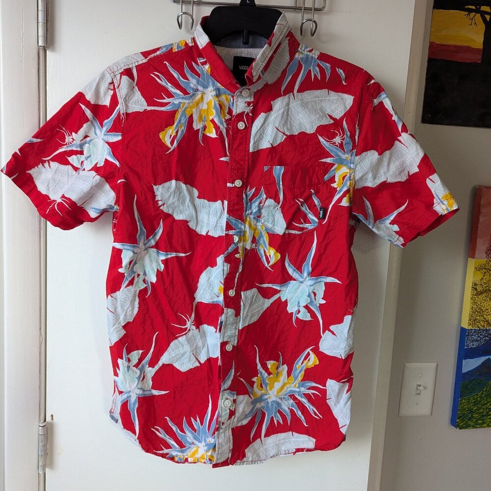 Vans Floral Red Hawaiian Button Down Shirt Men's Size Small